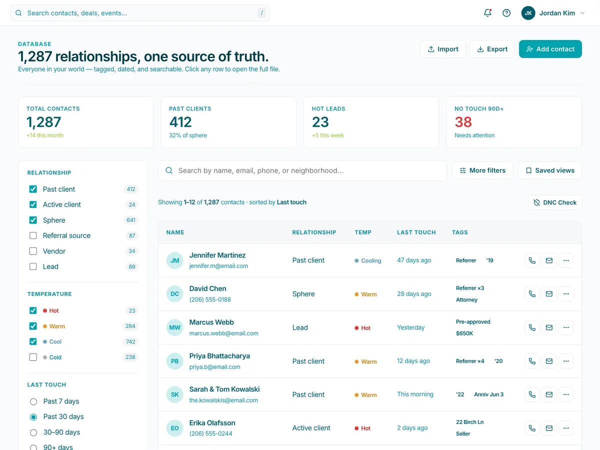 The SphereSync contact database: every relationship in one list, sorted by last touch, with each person's temperature, tags, and one-tap call and email actions, plus a DNC check.