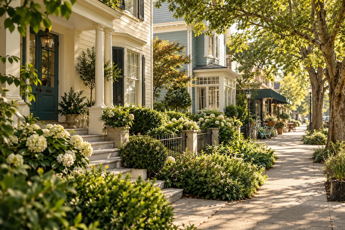 Sunlit homes on a leafy neighborhood street